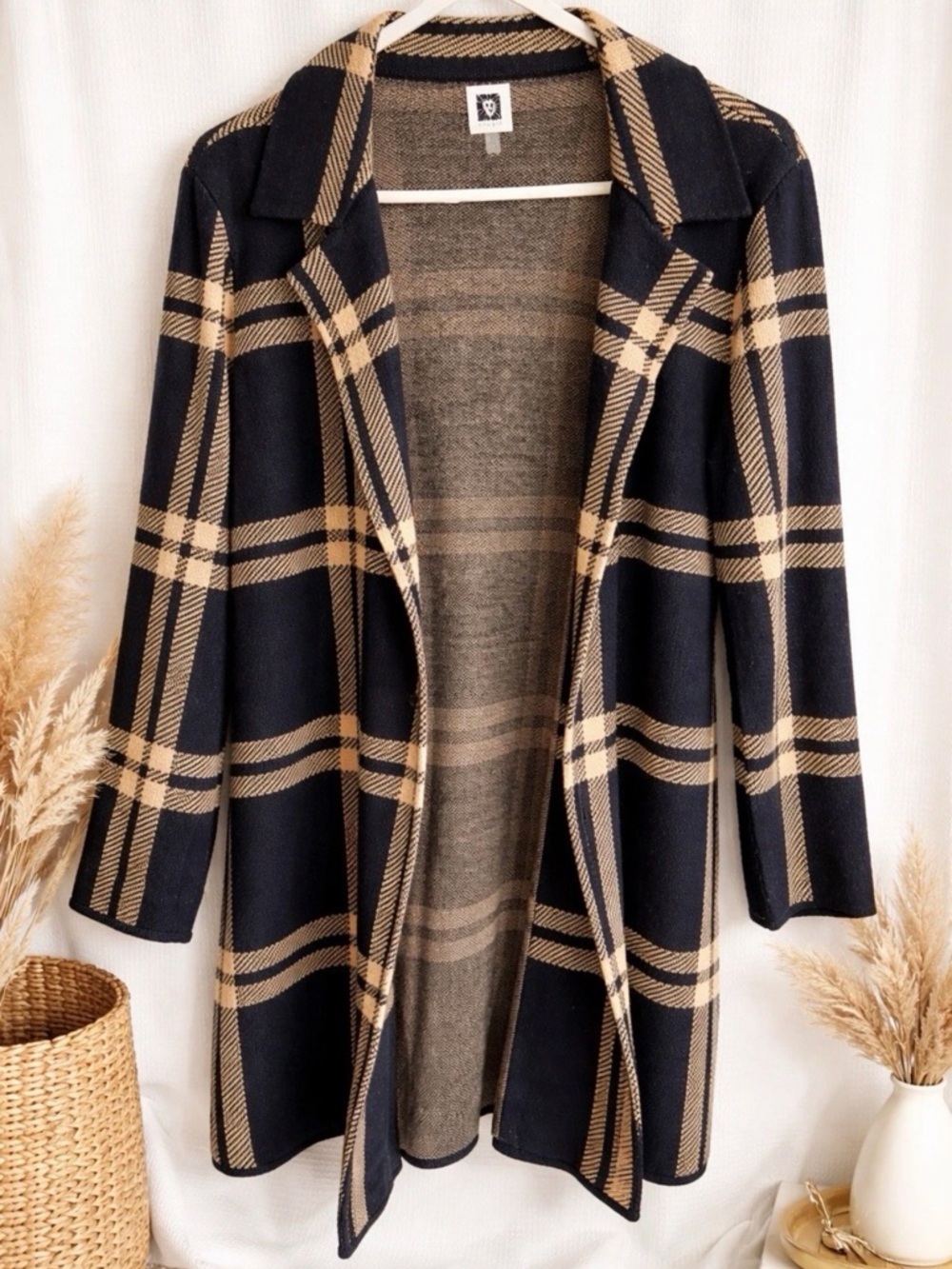 Anne Klein Black and Tan Plaid Open Cardigan